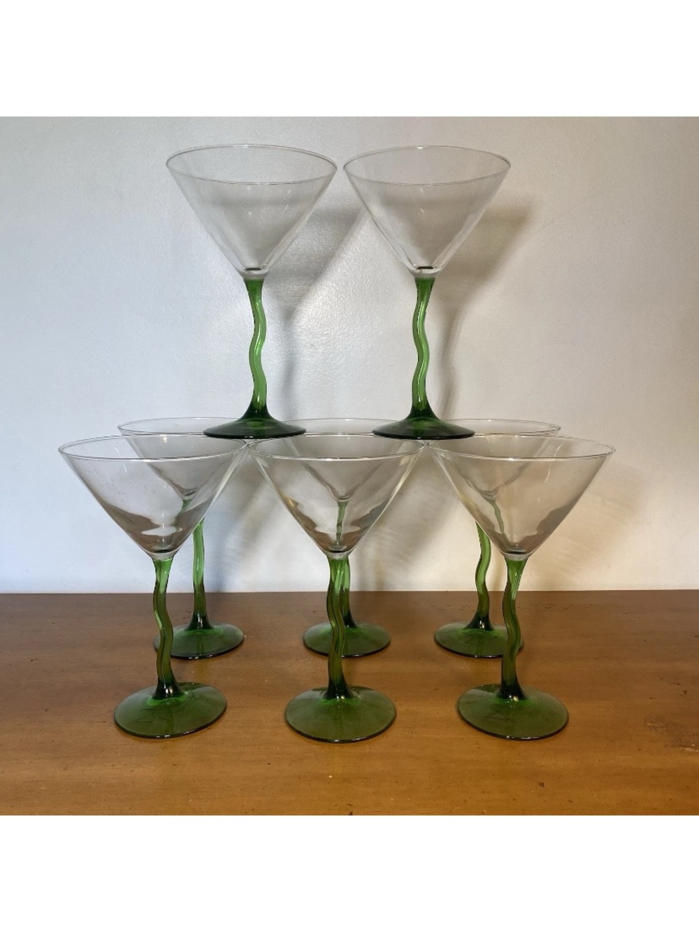 Libbey Courbe Martini Glasses Wavy Green Squiggly Stem Crooked Zig Zag Set Of 8